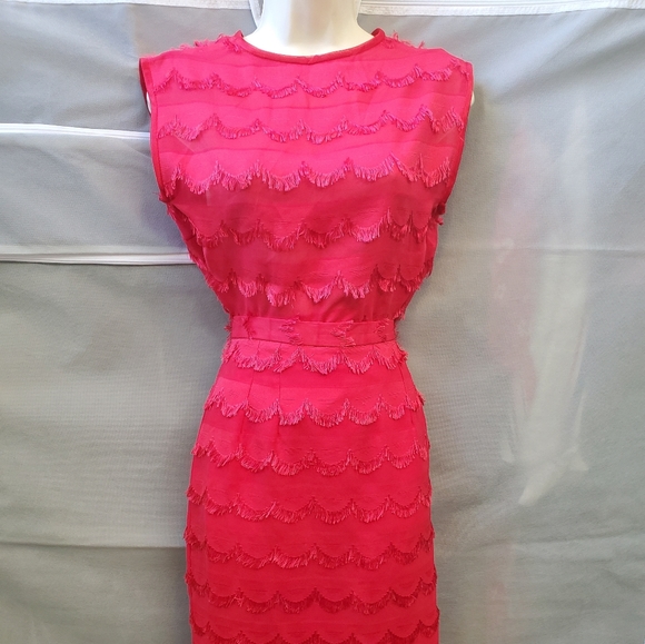 60s Vintage Hand Sewn Red Eyelash Fringe 2 Piece Pencil Skirt Suit - Picture 3 of 16